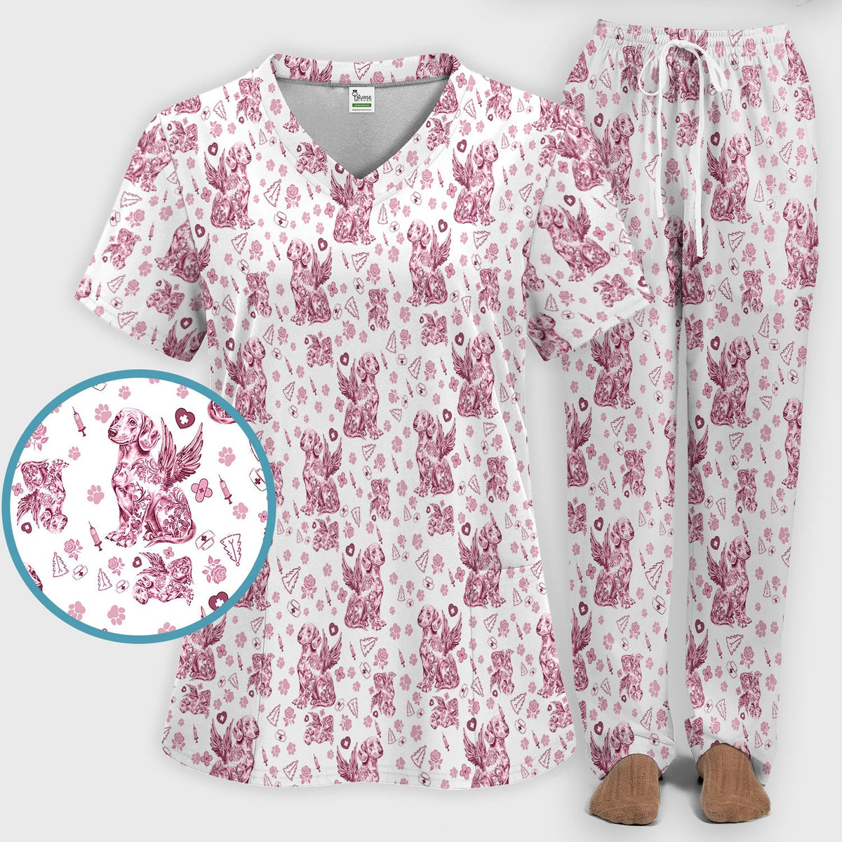 Toile De Jouy Dachshund Angel Nurse Scrub Set