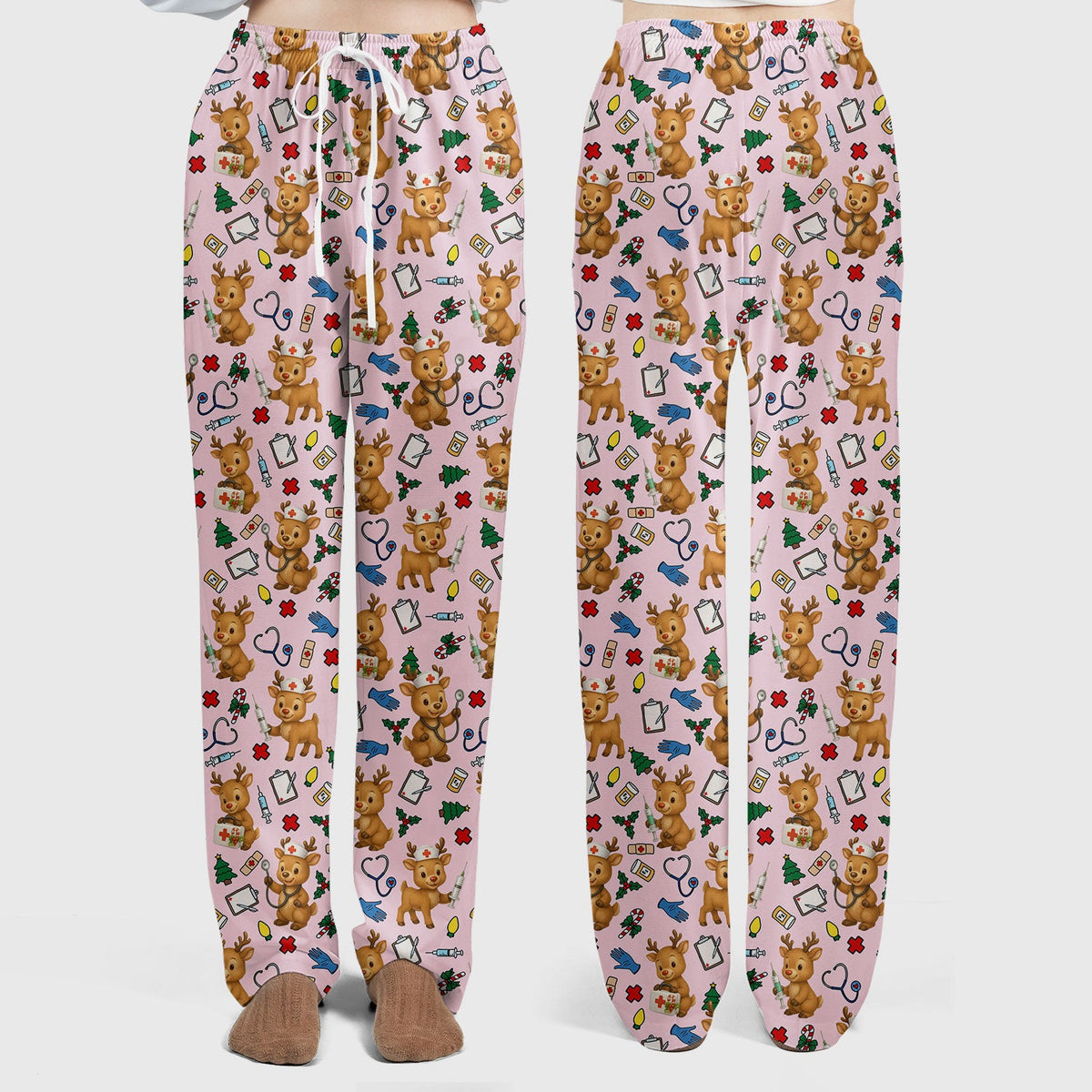 Christmas Scrub Tops and Pants - Reindeer Pattern Nurse Scrub Set - Cute Holiday Medical Print Scrubs for Women RN LPN CNA