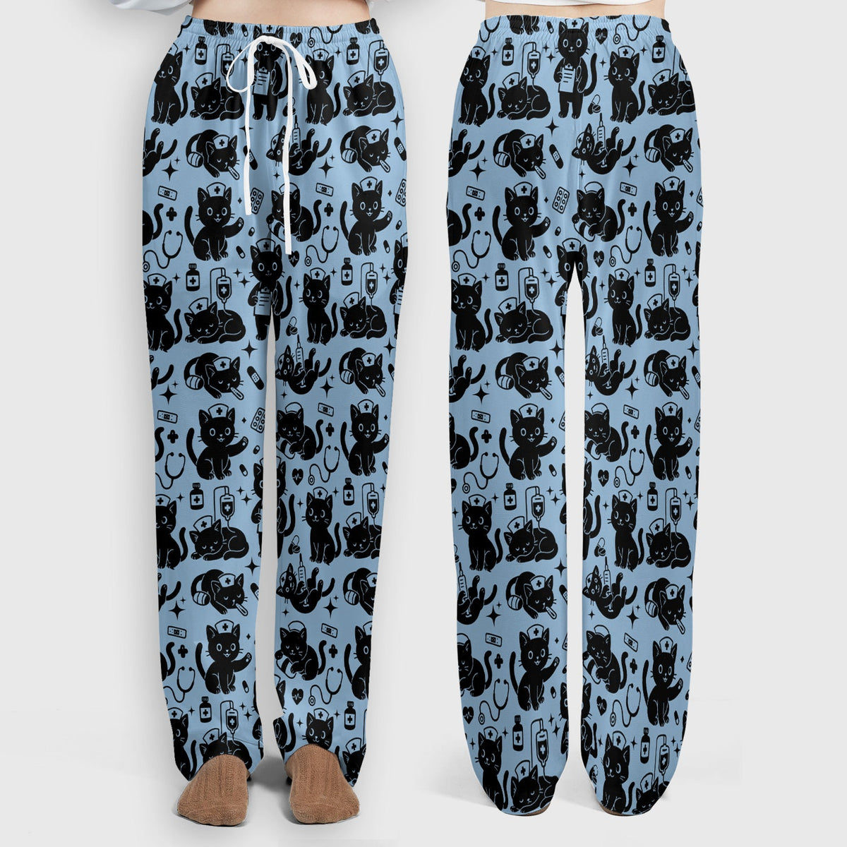 Cute White Black Cat Nurse Scrub Set