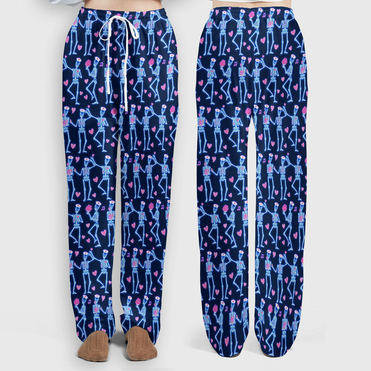 Skeleton Nurse Heart Pattern Scrub Sets, Playful Nurse Style, Scrub Pants and V Neck Top