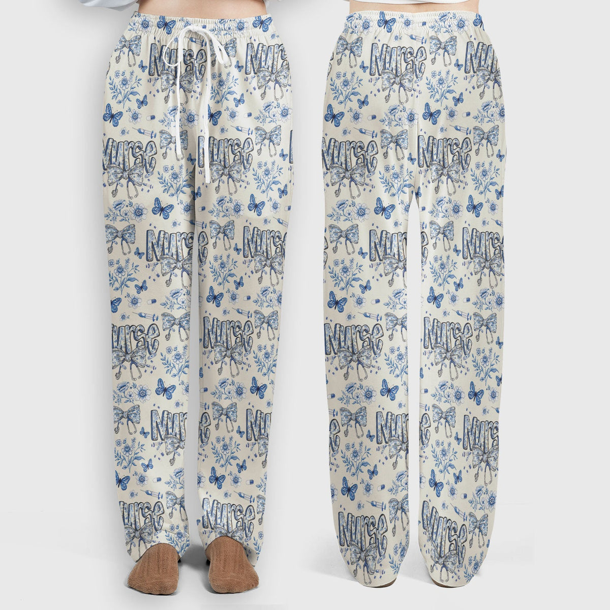 Blue Nurse Bow Butterfly Floral Scrub Set