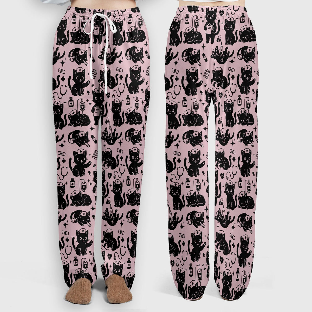 Cute White Black Cat Nurse Scrub Set