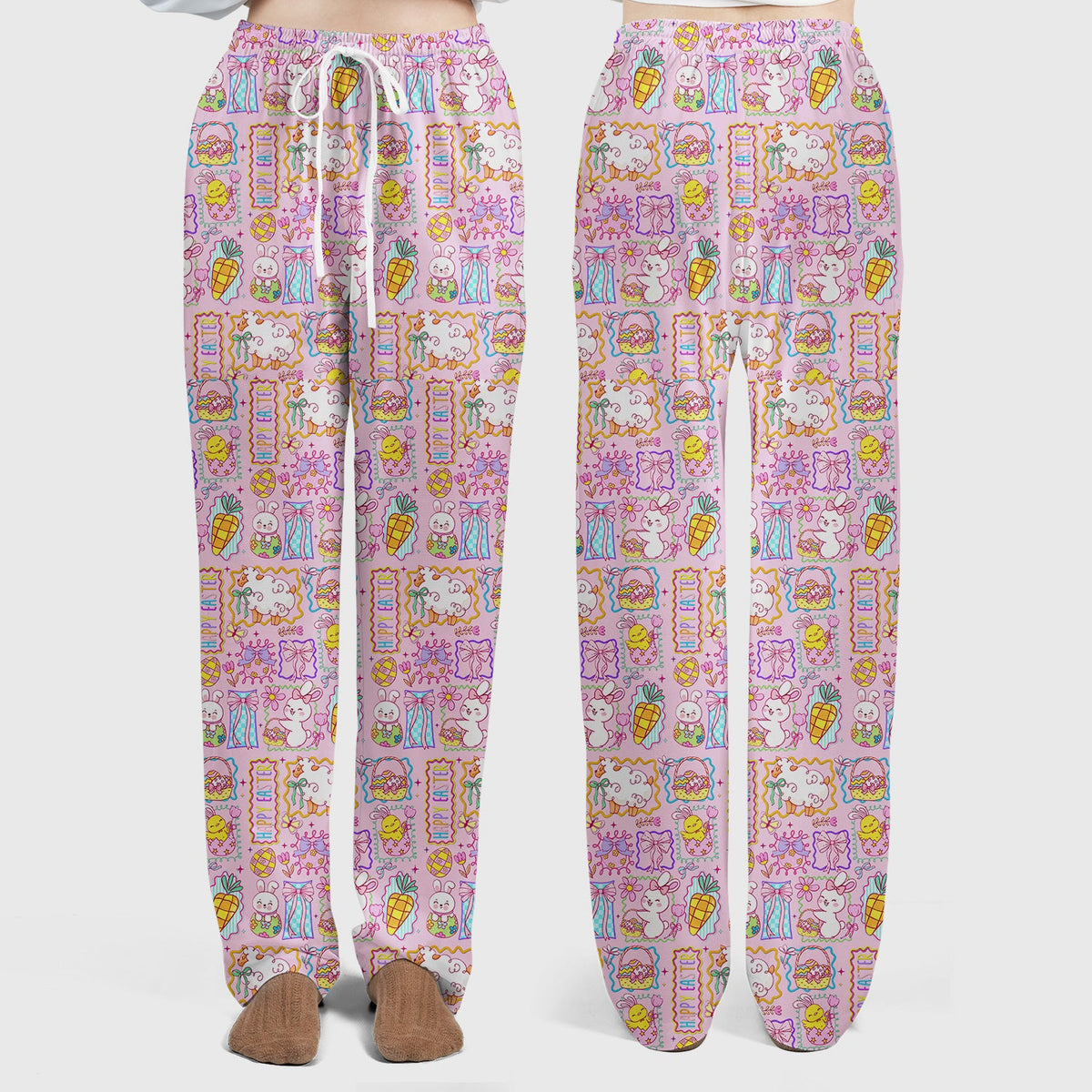 Cute Easter Bunny Egg and Bow Print Scrub Set, Scrub Pants and V Neck Top