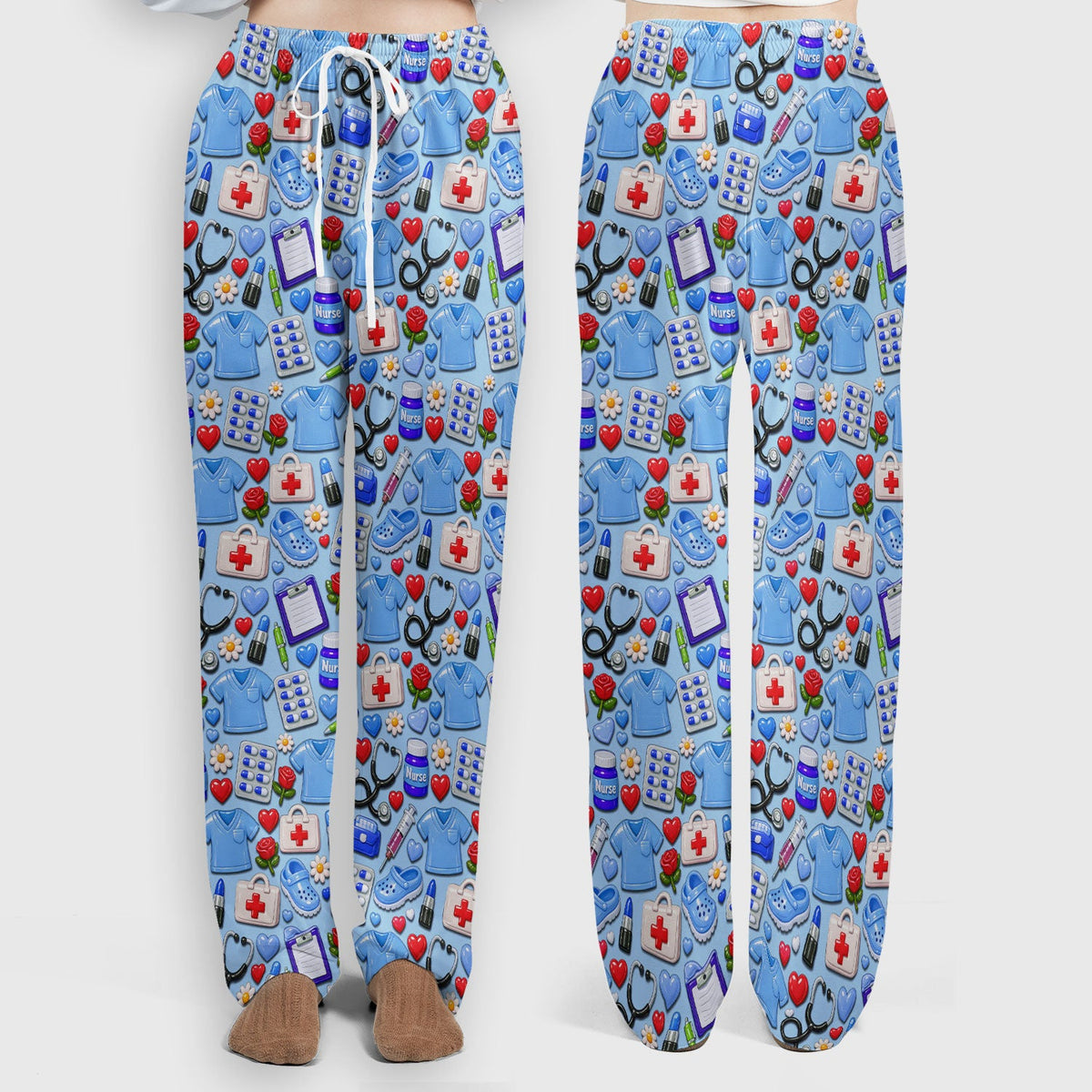 Medical Icons Scrub Set, Cute Pattern Nurse Shirt, Breathable Fabrics Nursing Uniform