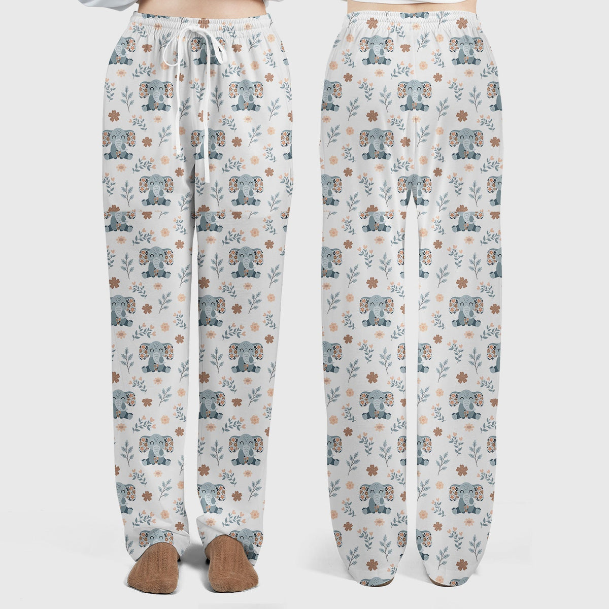 Cute Elephant Floral Print Scrub Set, Scrub Pants and V Neck Top
