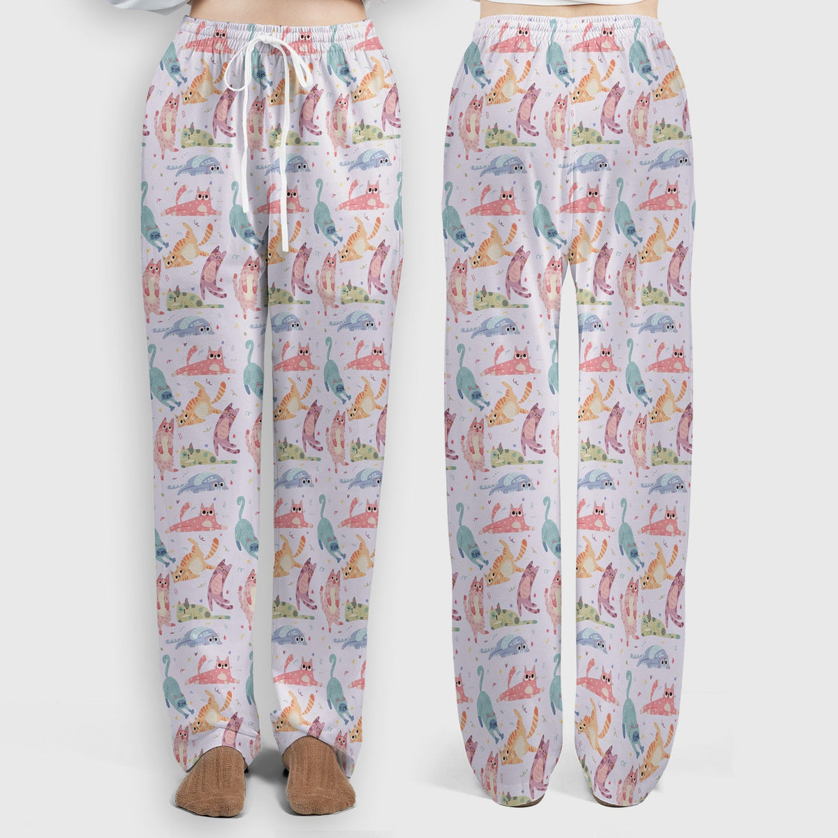 Funny Pastel Cat Pattern Medical Scrub Set, Breathable Fabrics Nursing Uniform