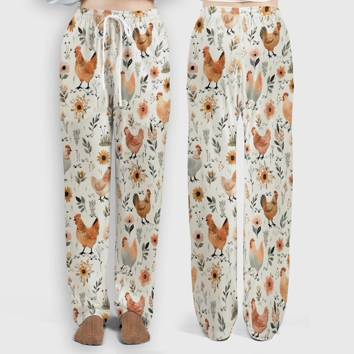 Charming Chicken Floral Farm Pattern Scrub Set, Scrub Pants and V Neck Top