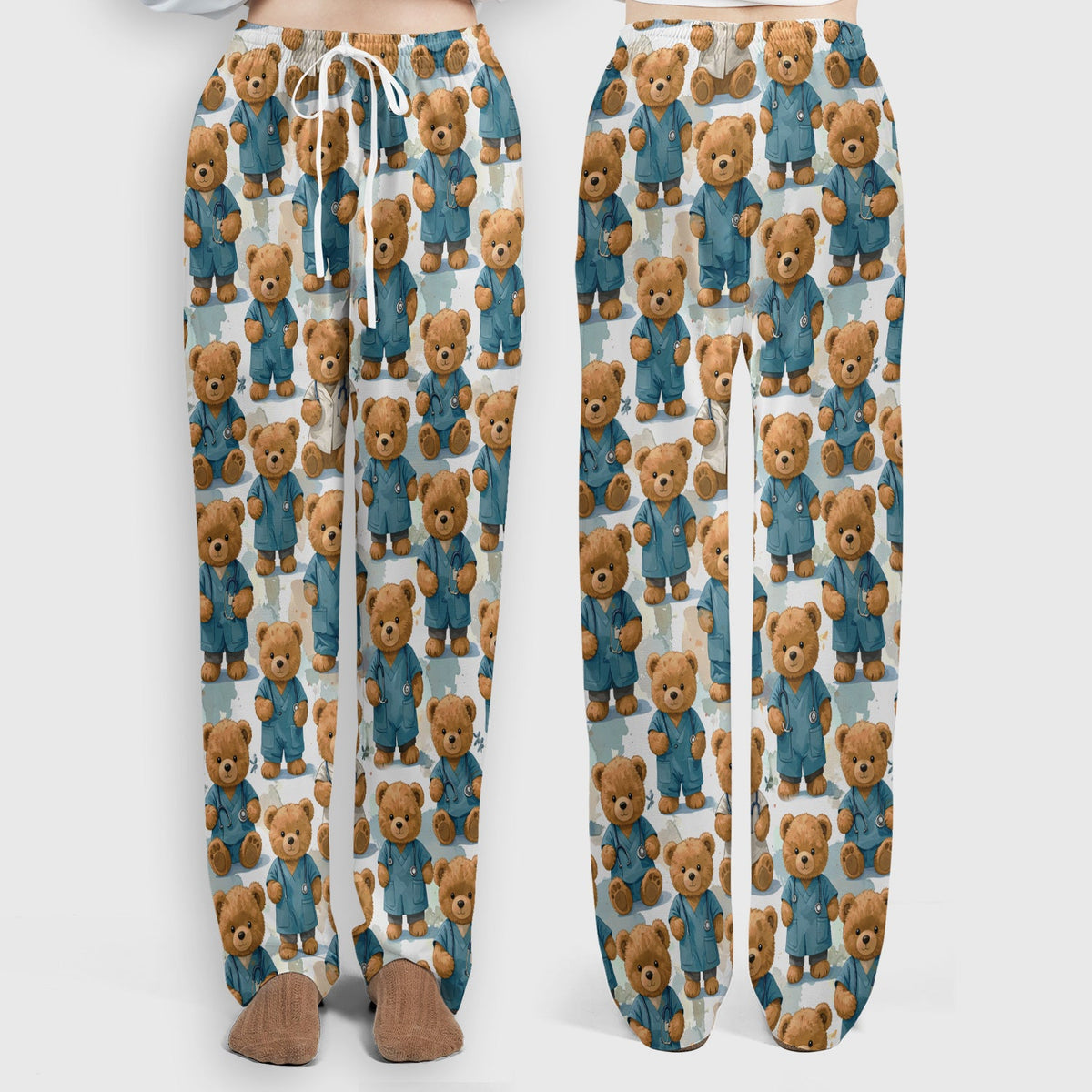 Teddy Bear Doctor Character Pattern Scrub Set, Scrub Pants and V Neck Top