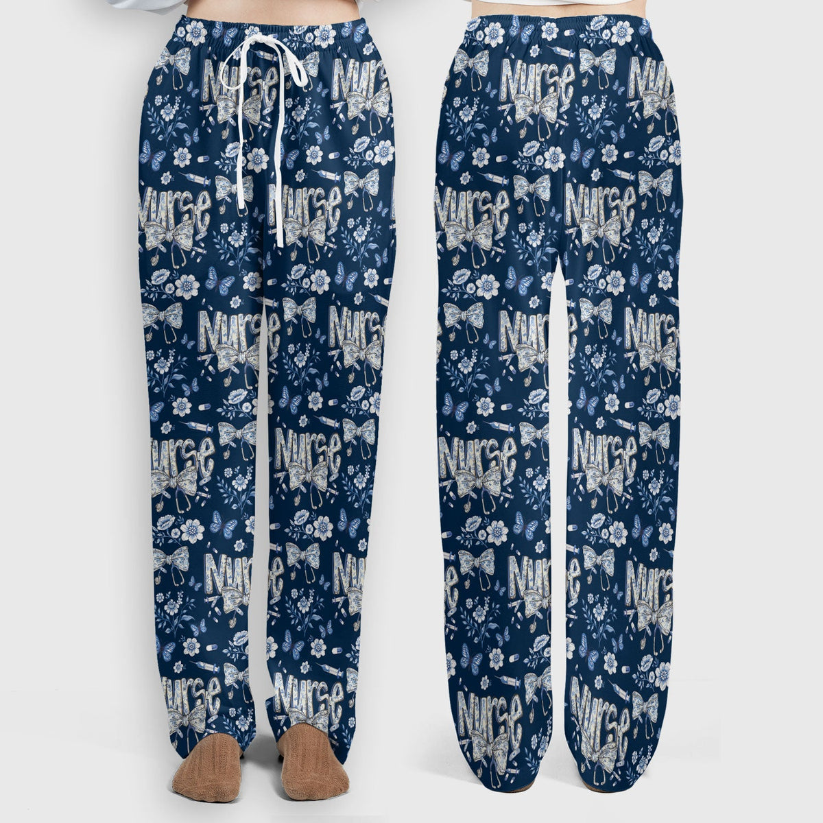 Blue Nurse Bow Butterfly Floral Scrub Set