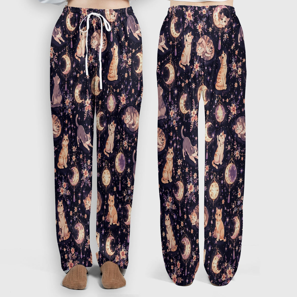 Celestial Cat Pattern Scrub Set, Scrub Pants and V Neck Top