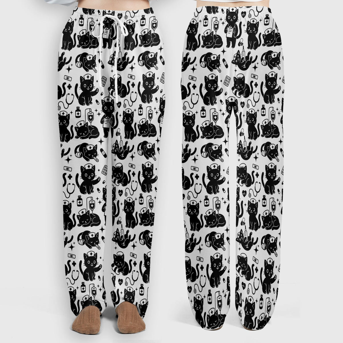 Cute White Black Cat Nurse Scrub Set