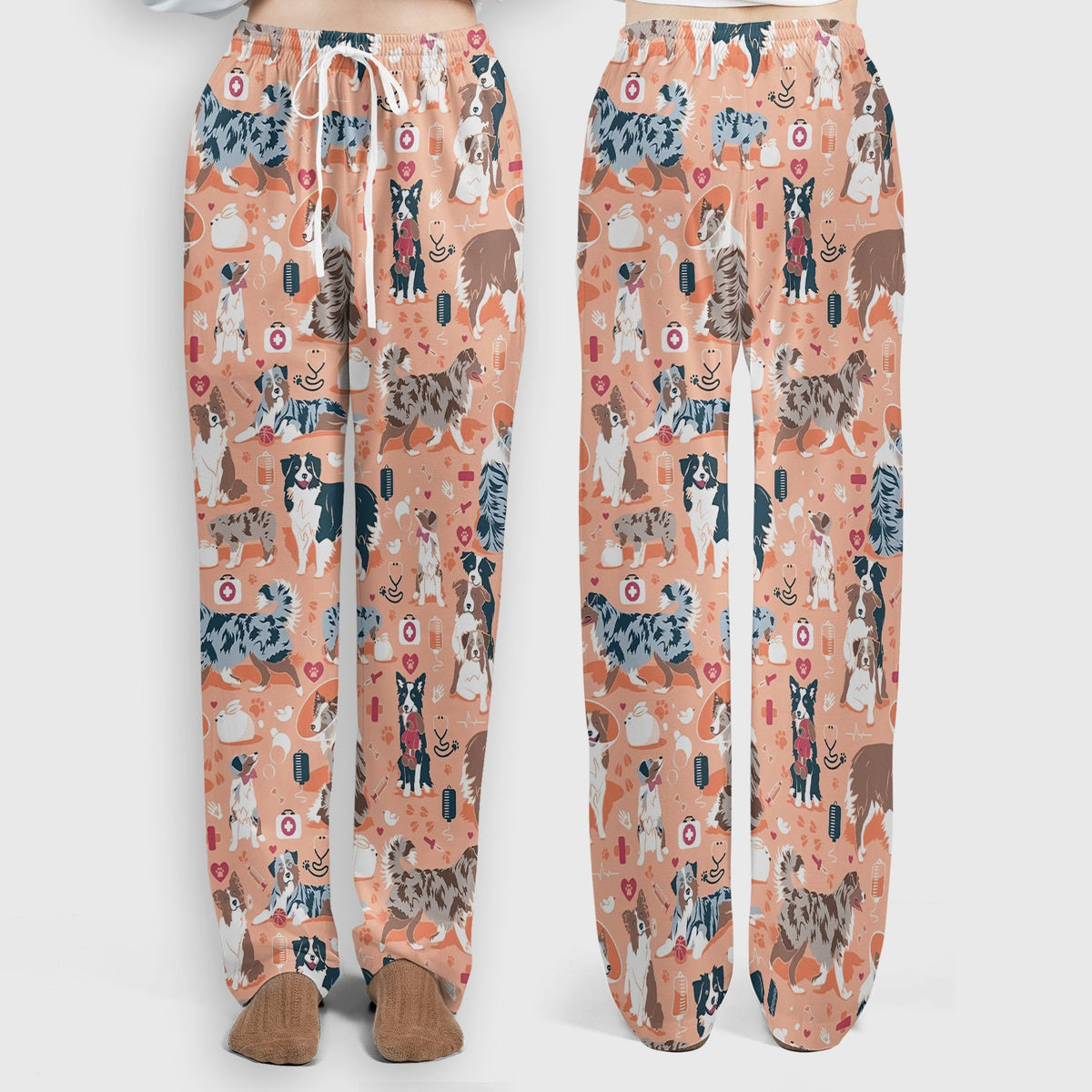 Cute Dog Pattern Women's Veterinary Scrub Set, Scrub Pants and V Neck Top