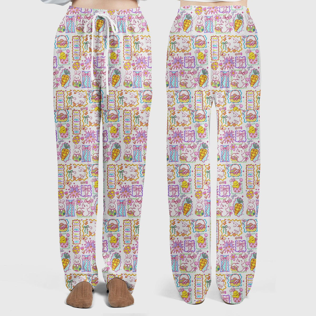 Cute Easter Bunny Egg and Bow Print Scrub Set, Scrub Pants and V Neck Top