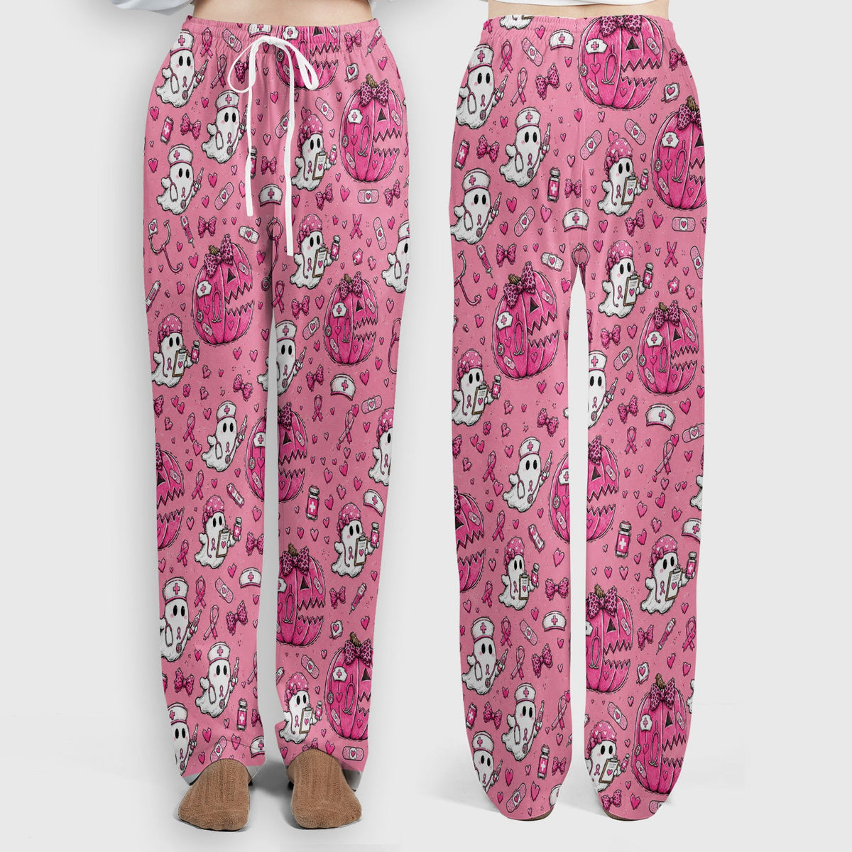 Pink Ribbon Ghost Pattern Nurse Scrub Set