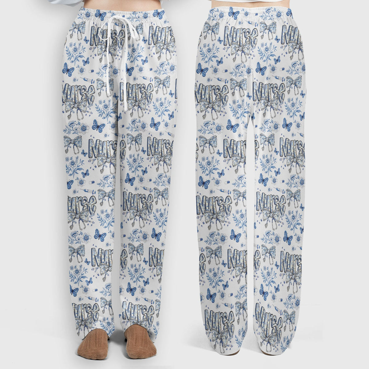 Blue Nurse Bow Butterfly Floral Scrub Set