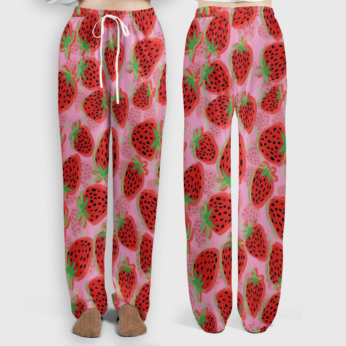 Pink Strawberry Pattern Scrub Set, Scrub Pants and V Neck Top
