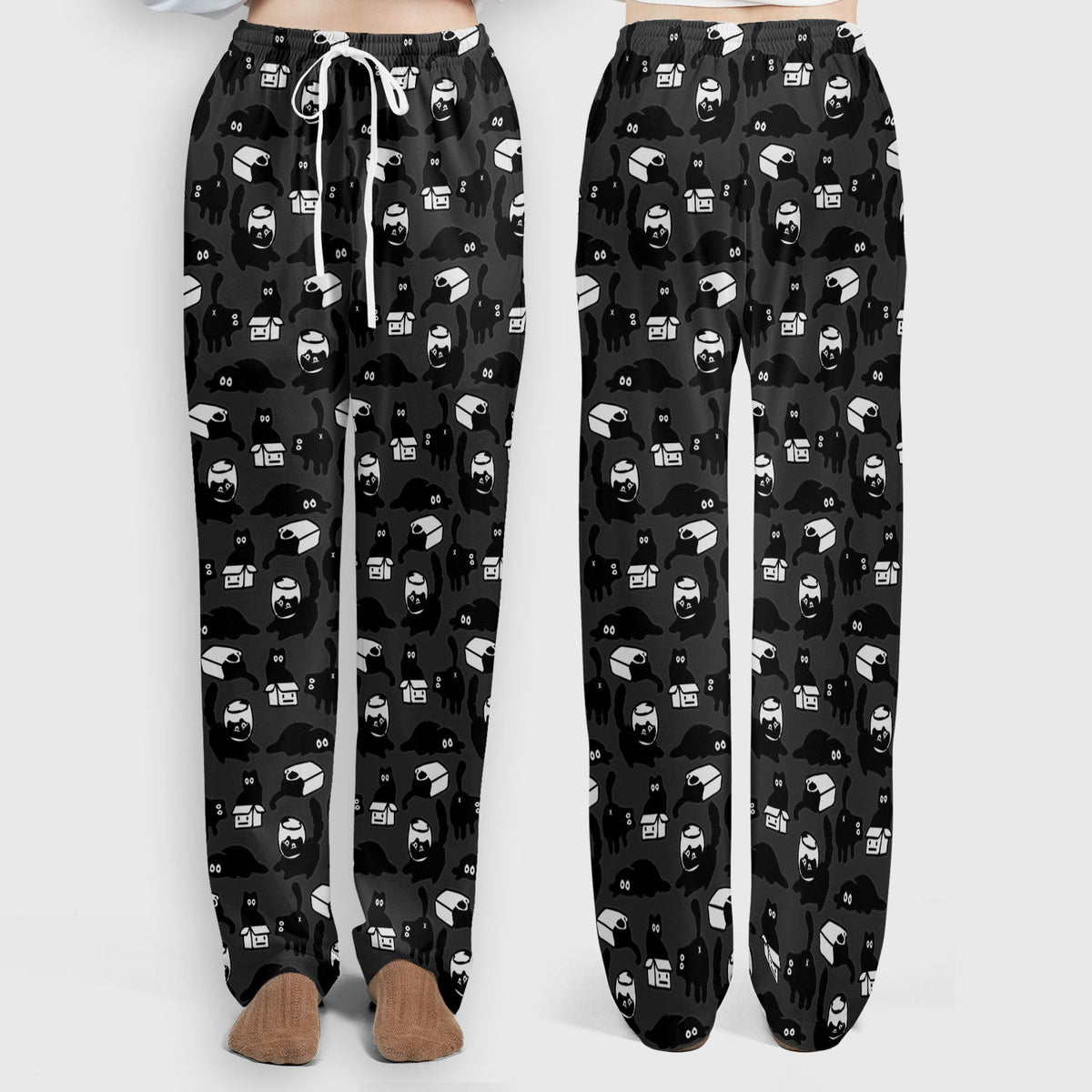 Dark Playful Cat Cartoon Pattern Scrub Set, Breathable Med Uniform