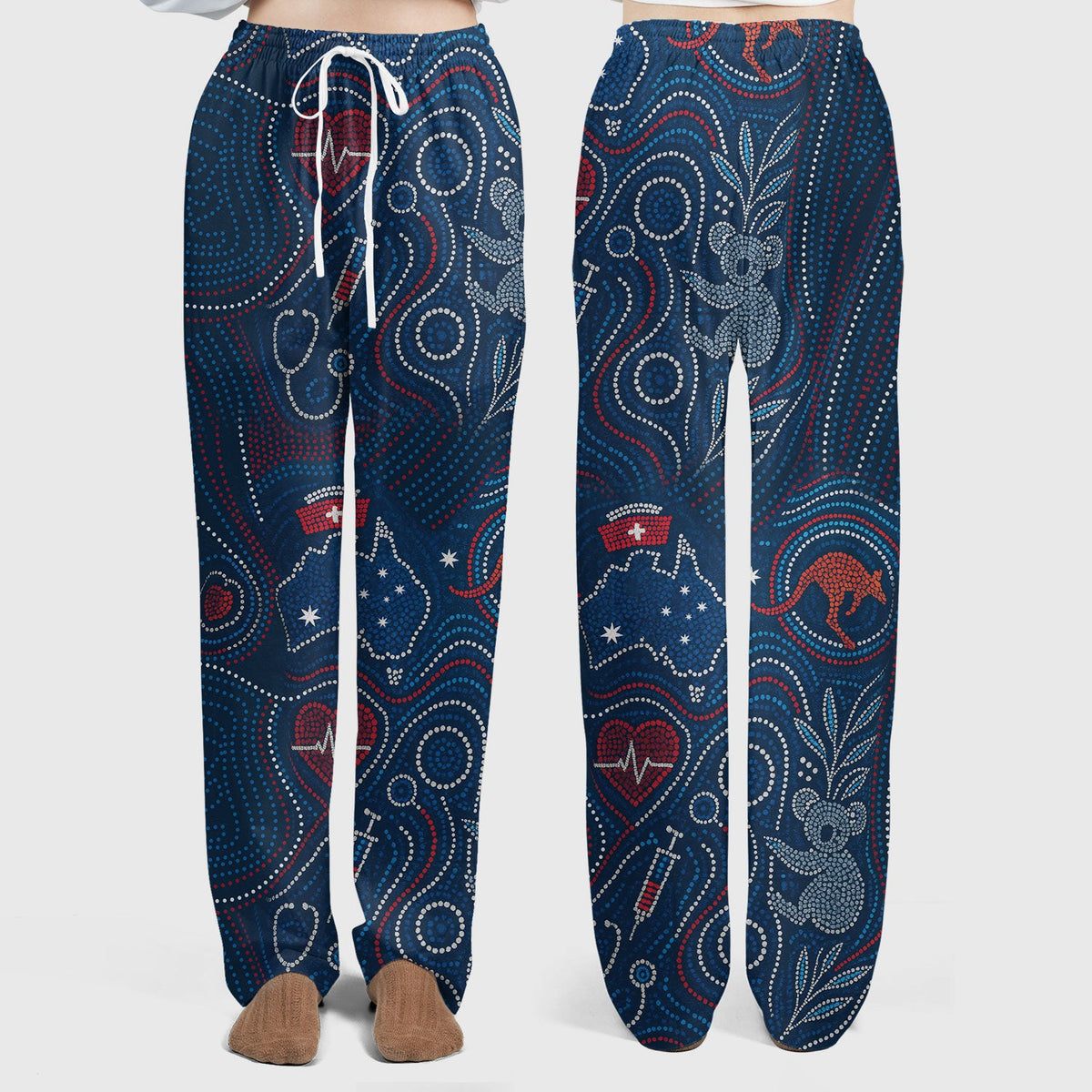 Aboriginal Dot Art Nurse Scrub Set, Australian Kangaroo With Koala Pattern Shirt,  Breathable Fabrics Nursing Uniform