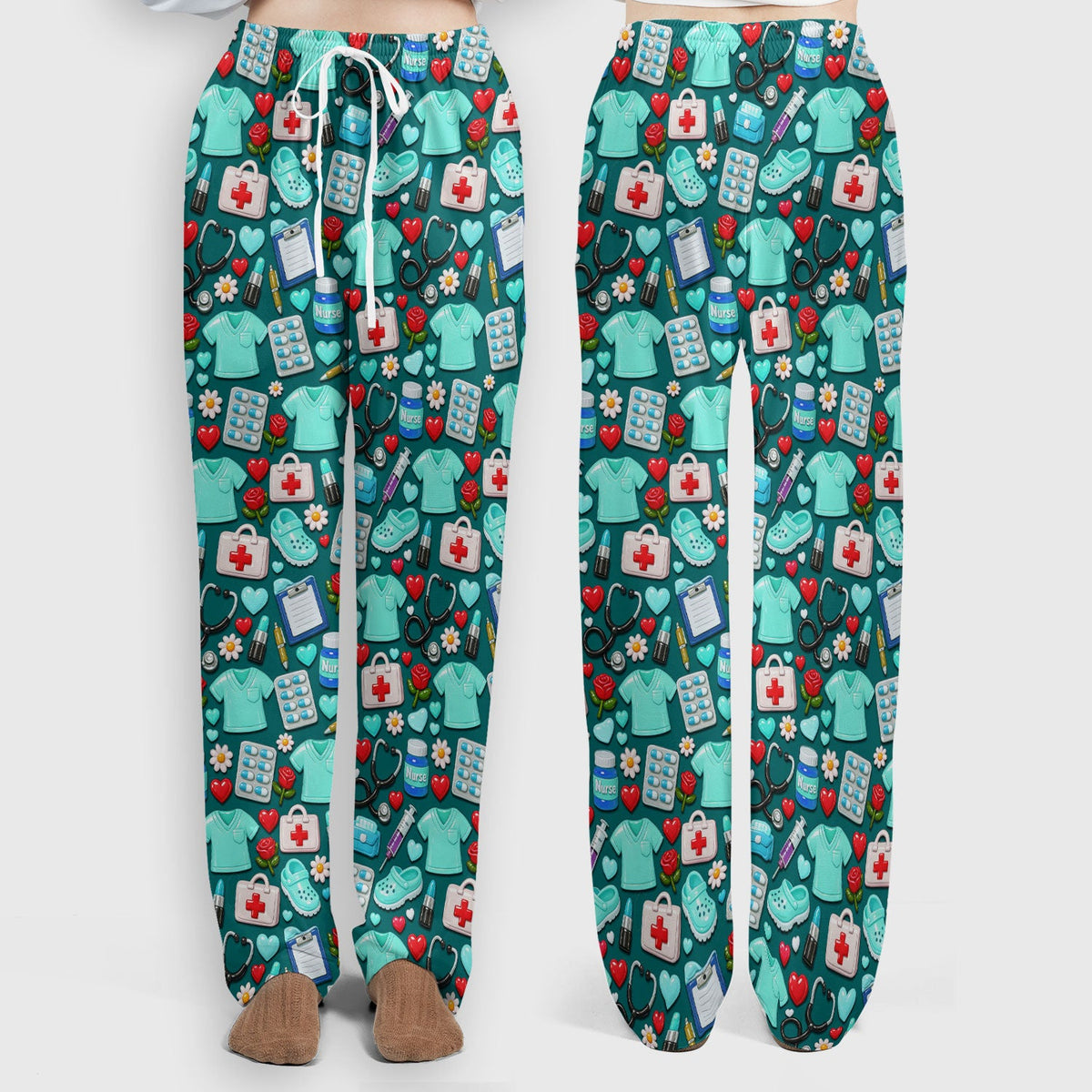 Medical Icons Scrub Set, Cute Pattern Nurse Shirt, Breathable Fabrics Nursing Uniform
