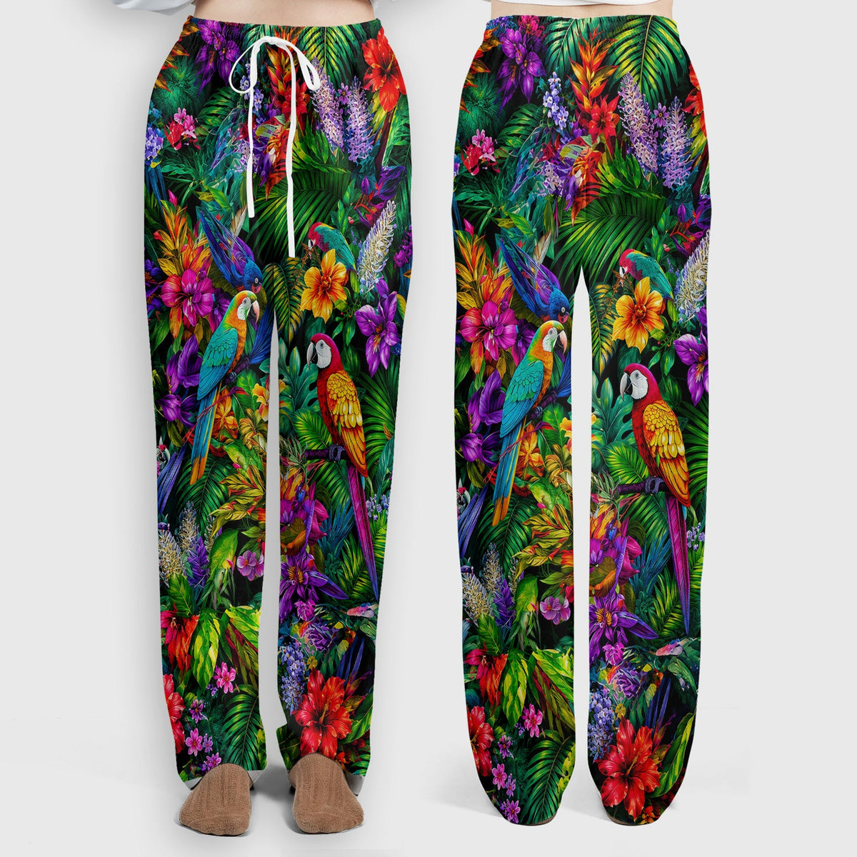 Tropical Parrot Jungle Blossom Pattern Scrub Set, Scrub Pants and V Neck Top