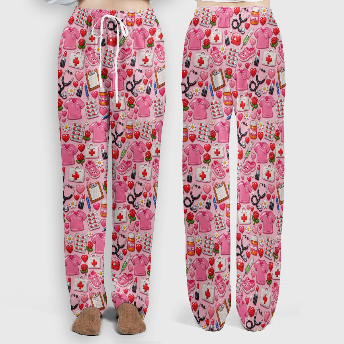 Medical Icons Scrub Set, Cute Pattern Nurse Shirt, Breathable Fabrics Nursing Uniform