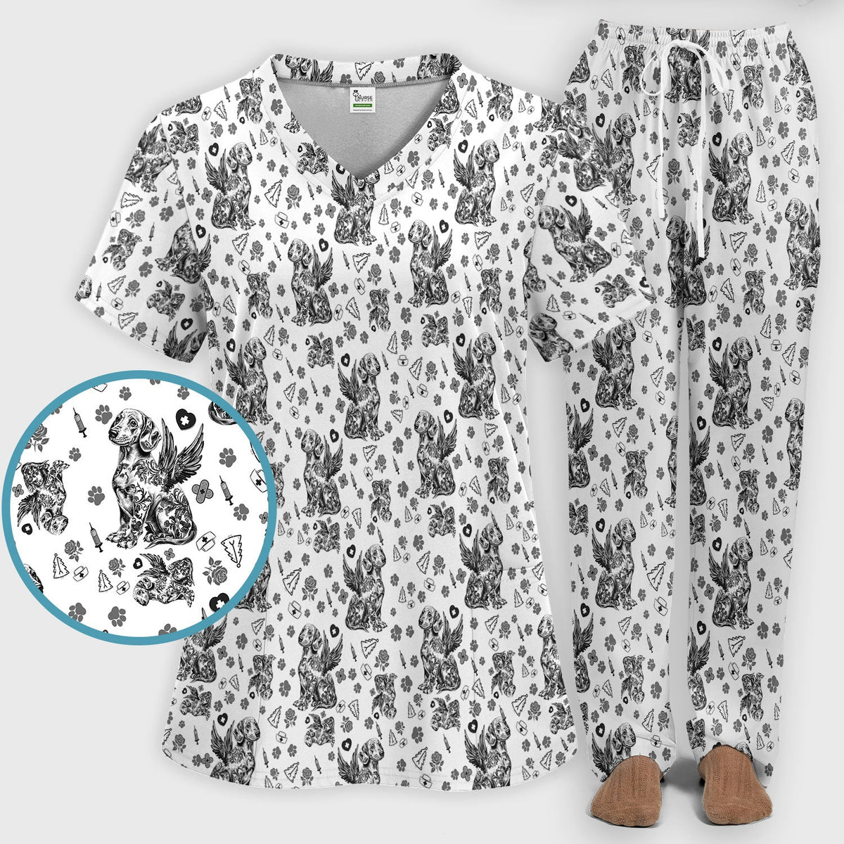 Toile De Jouy Dachshund Angel Nurse Scrub Set