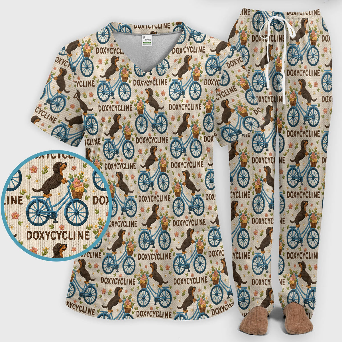 Doxycycline Pharmacy Pun Scrub Set - Dachshund on Bicycle Pharmacists Scrubs Pants and V Neck Top - Veterinary Technicians Gift