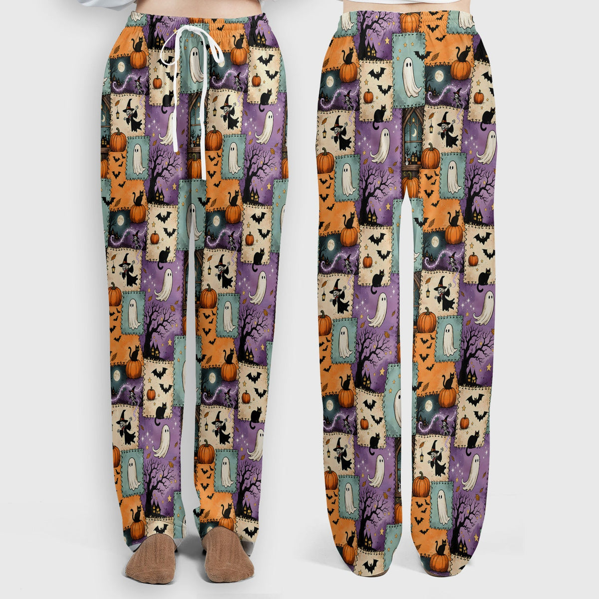 Spooky Ghost Black Cat Patchwork Nurse Scrub Set