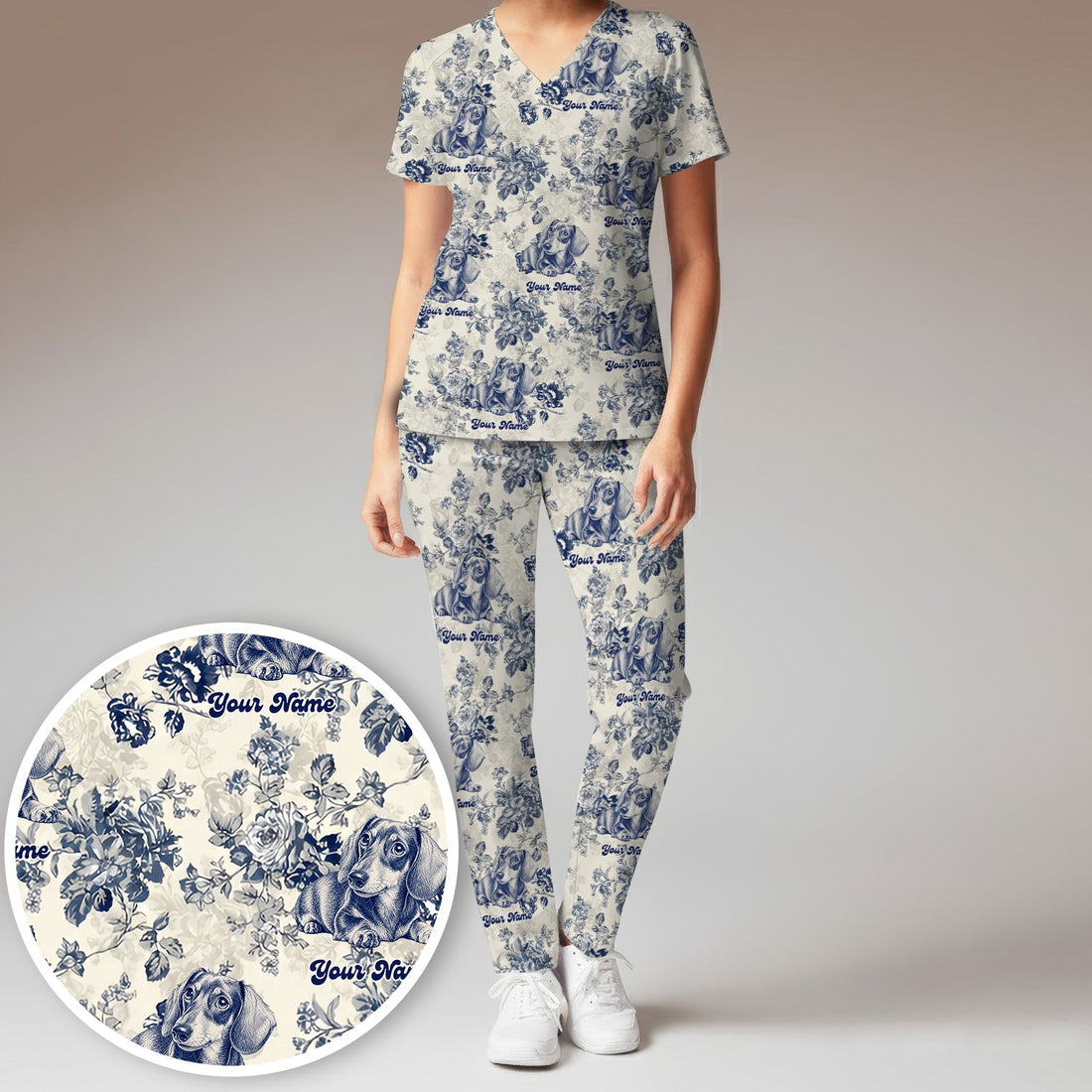 Personalized Vintage Floral Dachshund Portrait Nurse Scrub Set