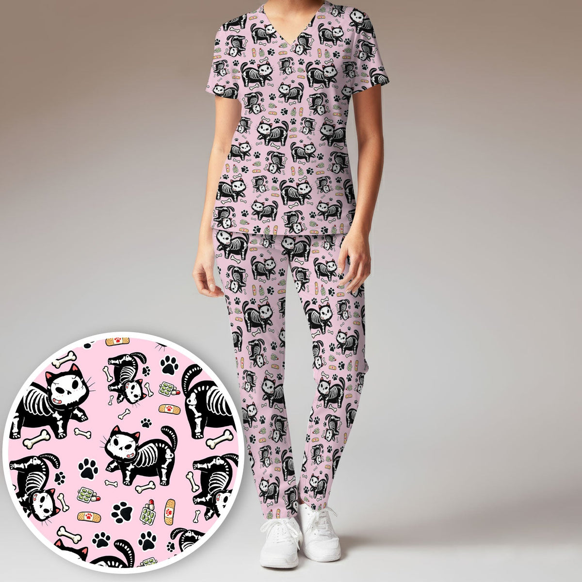 Skeleton Cat Medical Pattern Scrub Set, Scrub Pants and V Neck Top