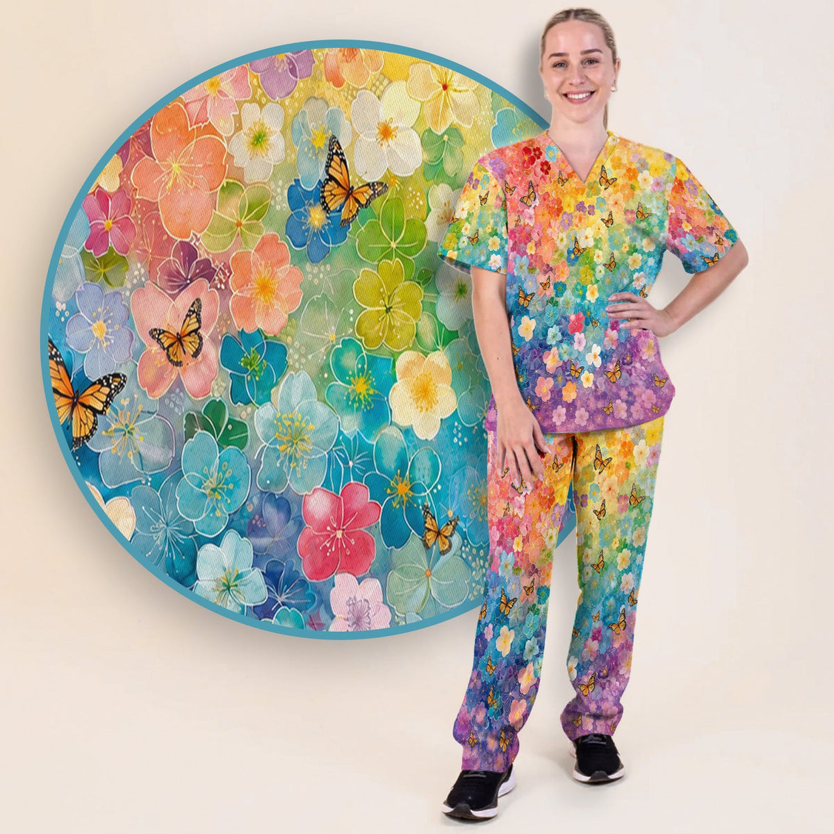 Rainbow Butterfly Floral Blossom Nurse Scrub Set