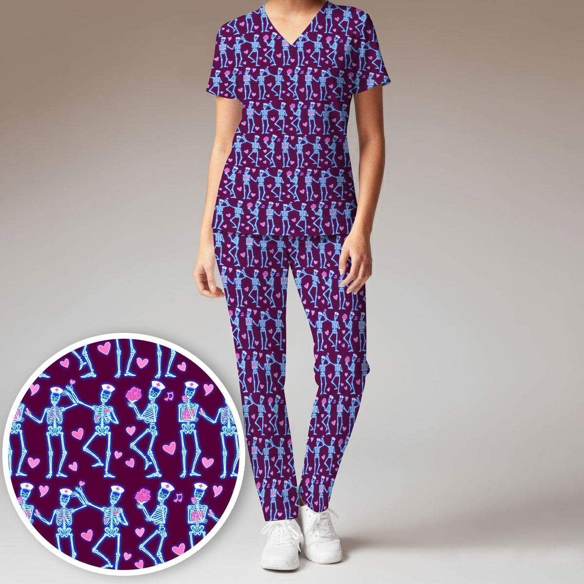 Skeleton Nurse Heart Pattern Scrub Sets, Playful Nurse Style, Scrub Pants and V Neck Top