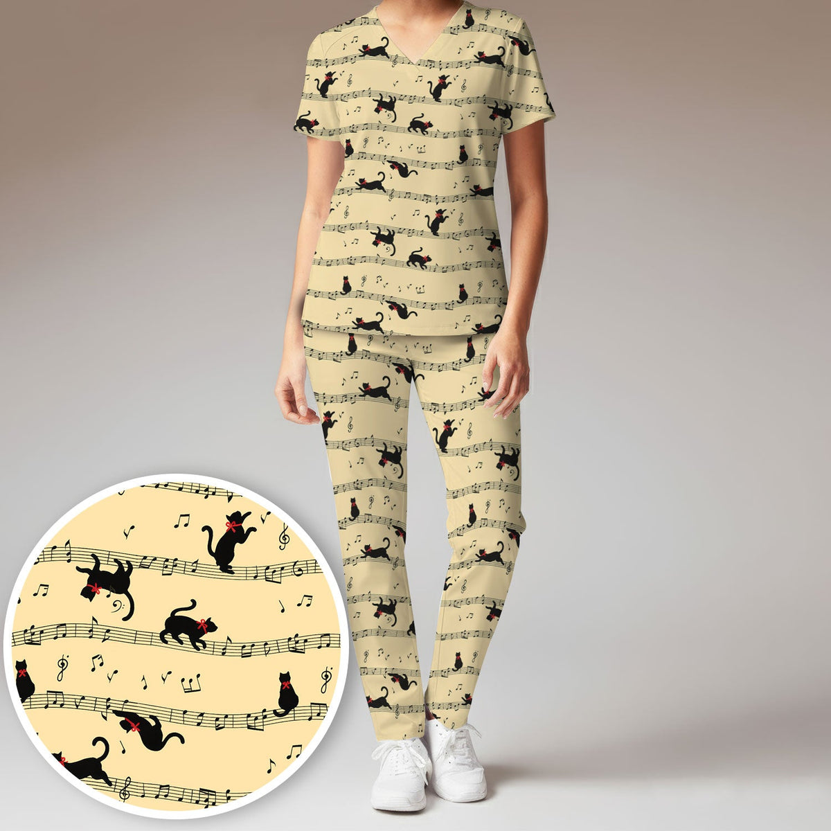 Dancing Black Cat Music Nurse Scrub Set