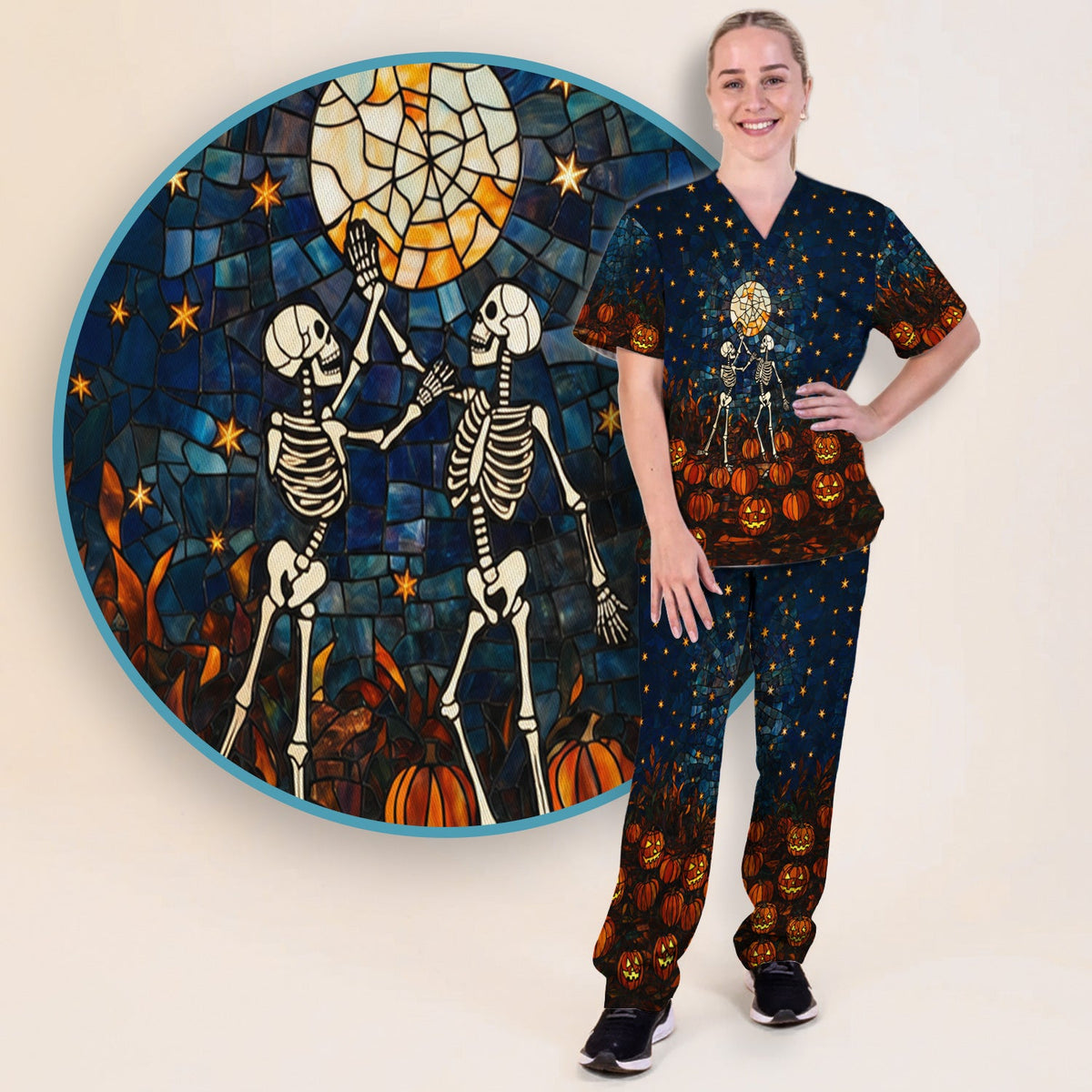 Skeleton Pumpkin Patch Nurse Scrub Set - Halloween Gift