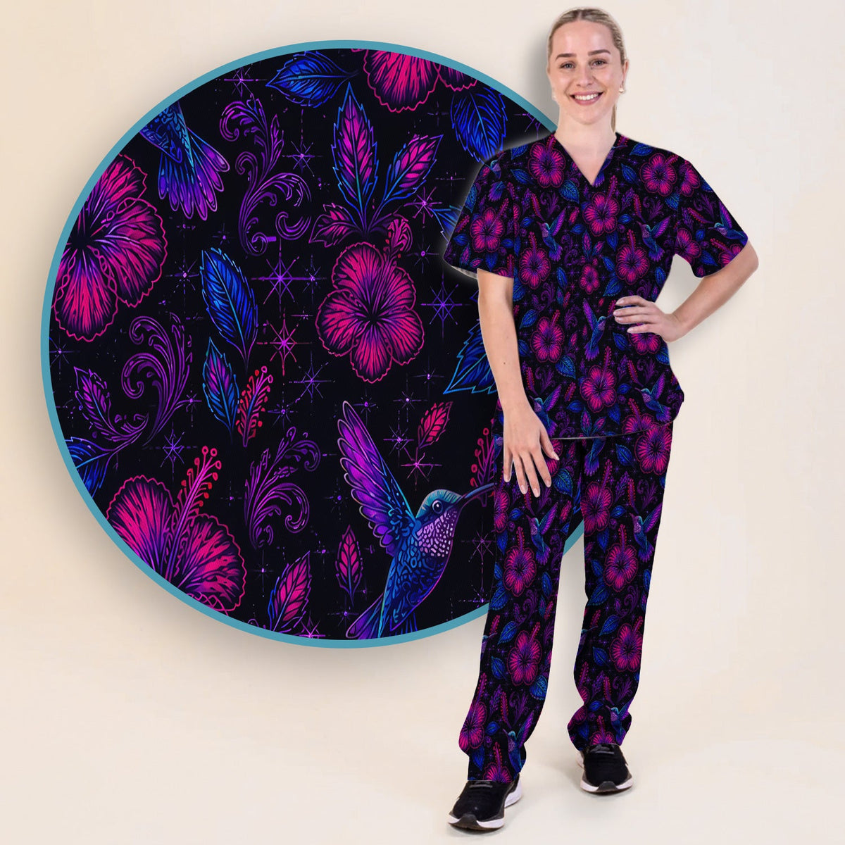 Tropical Hummingbird Hibiscus Floral Nurse Scrub Set