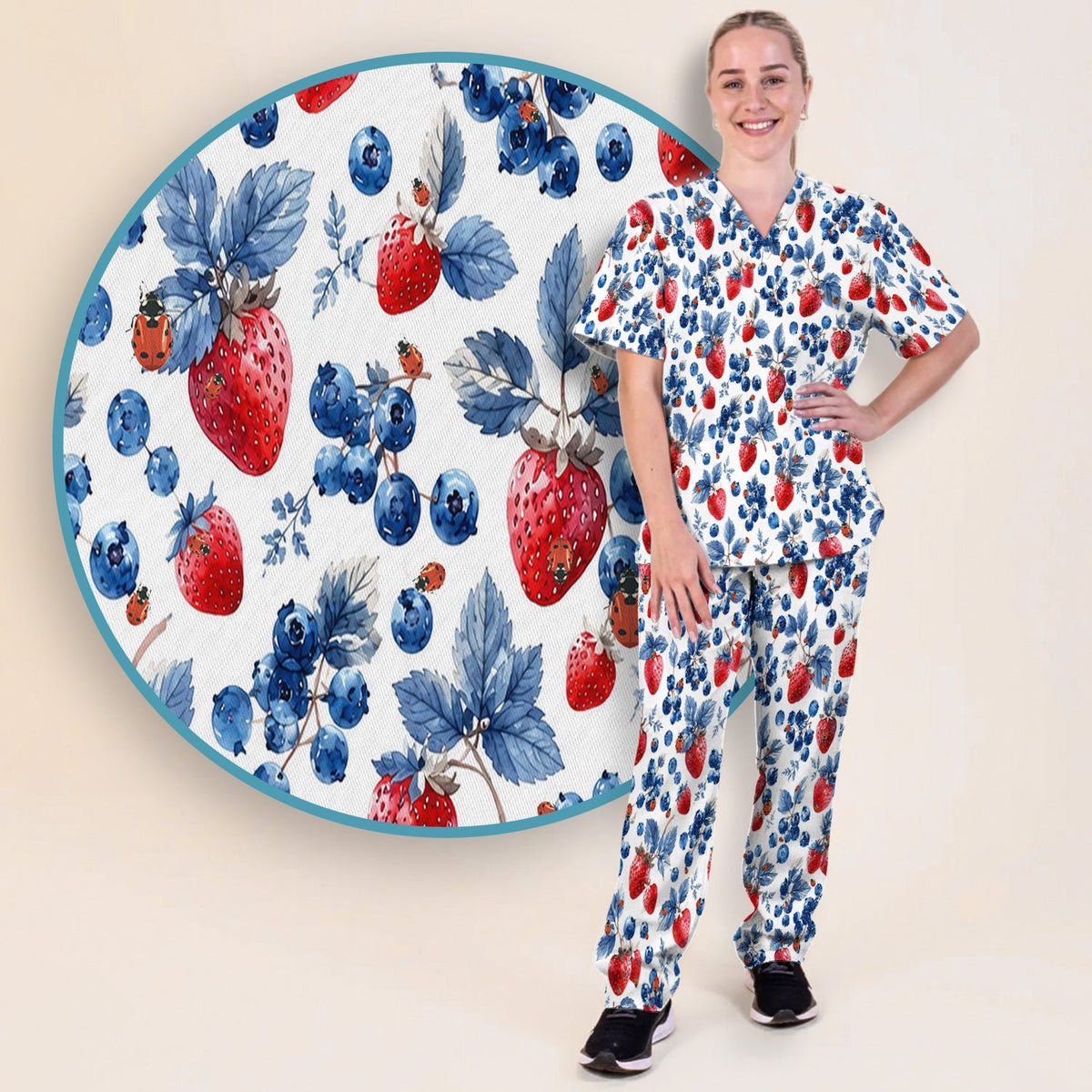 Strawberry Blueberry Ladybug Nurse Scrub Set