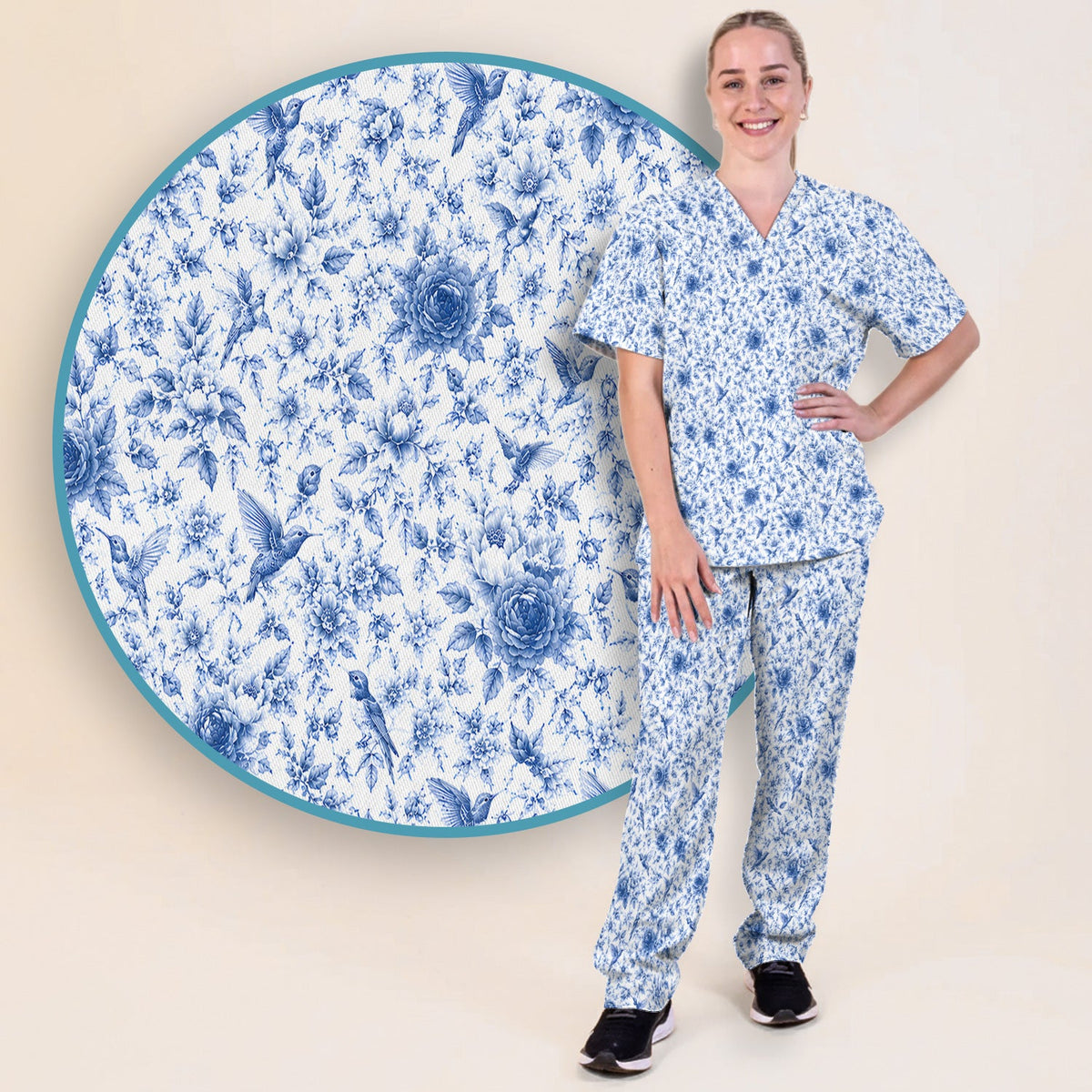 Blue Floral Hummingbird Toile Nurse Scrub Set