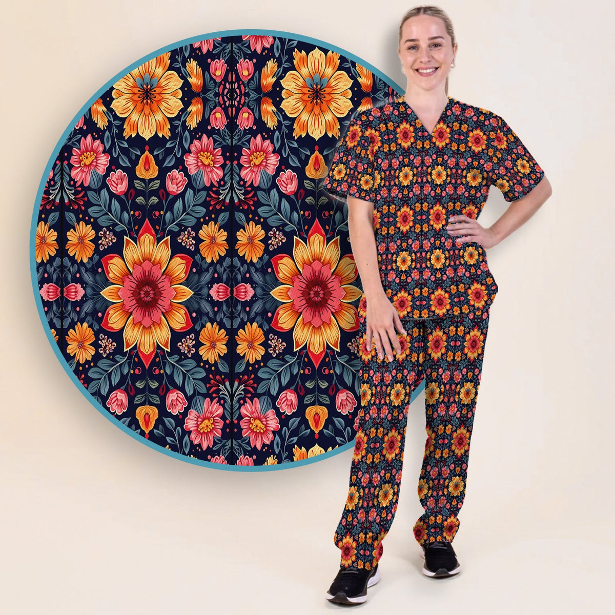 Elegant Dark Floral Nurse Scrub Set