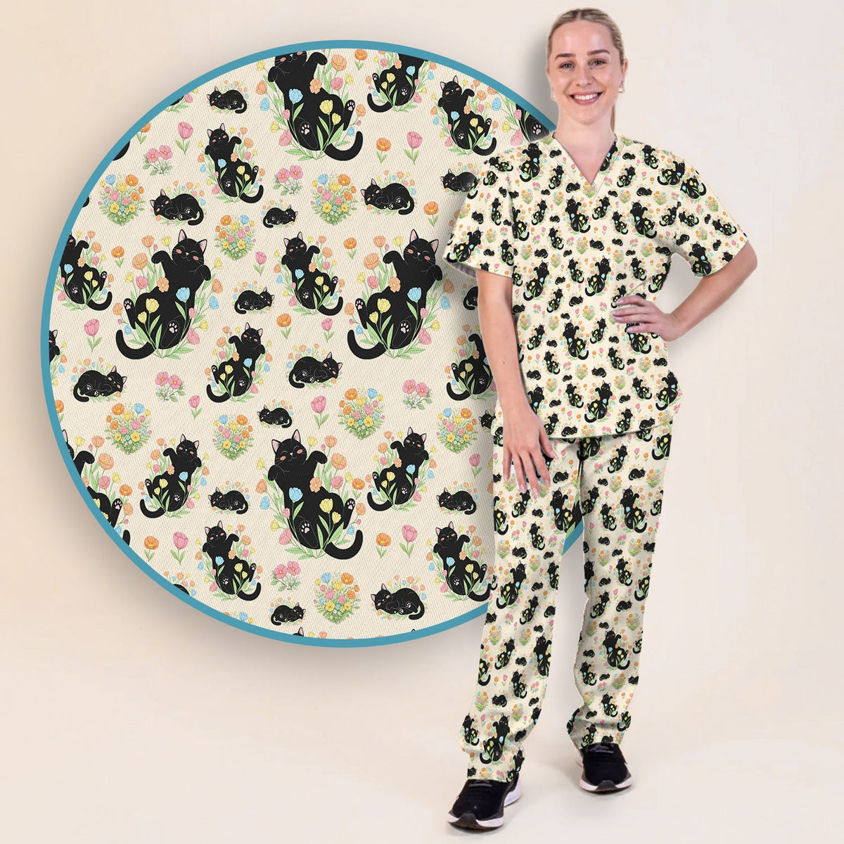 Cats Cute Poses Floral Nurse Scrub Set