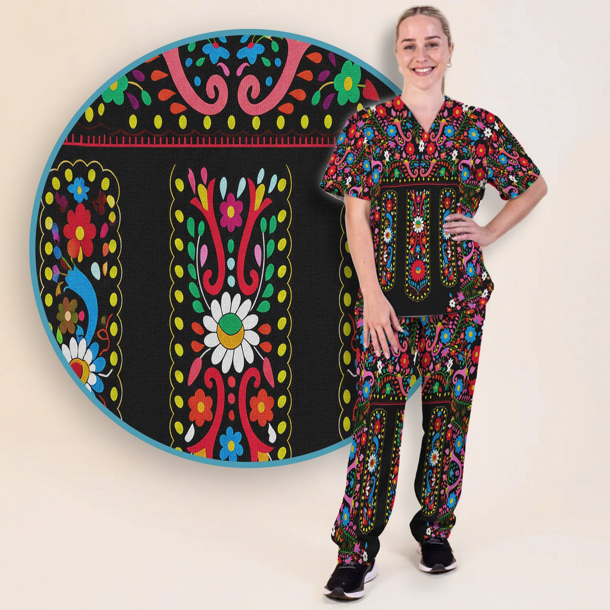 Colorful Folk Art Floral Nurse Scrub Set