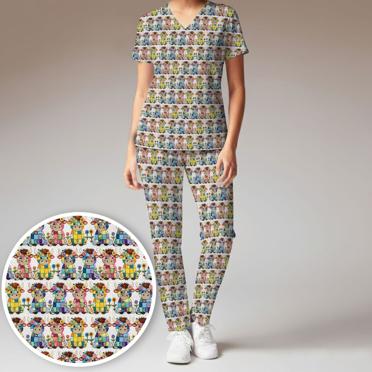 Patchwork Cow Flowers Nurse Scrub Set