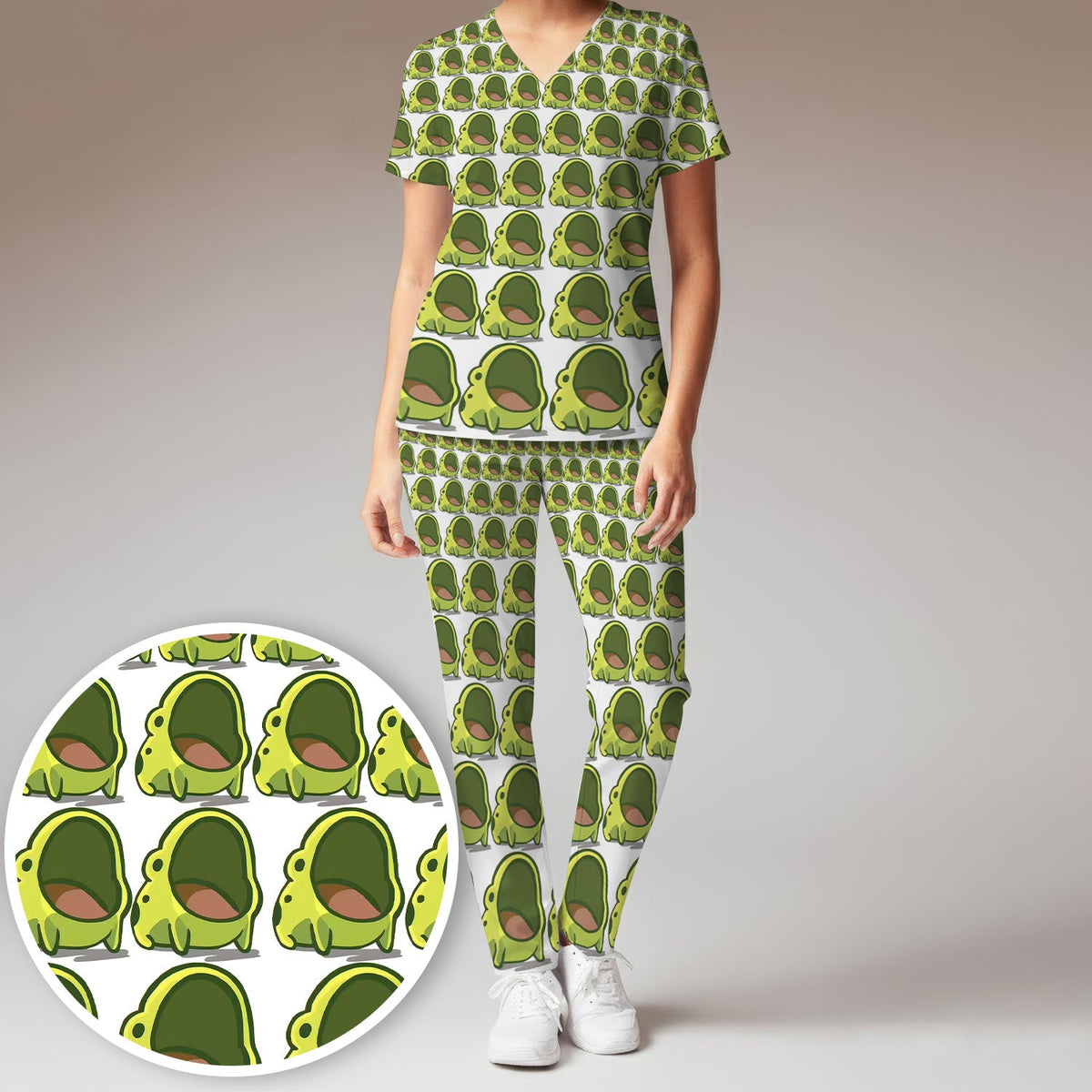 Green Frog Cartoon Nurse Scrub Set