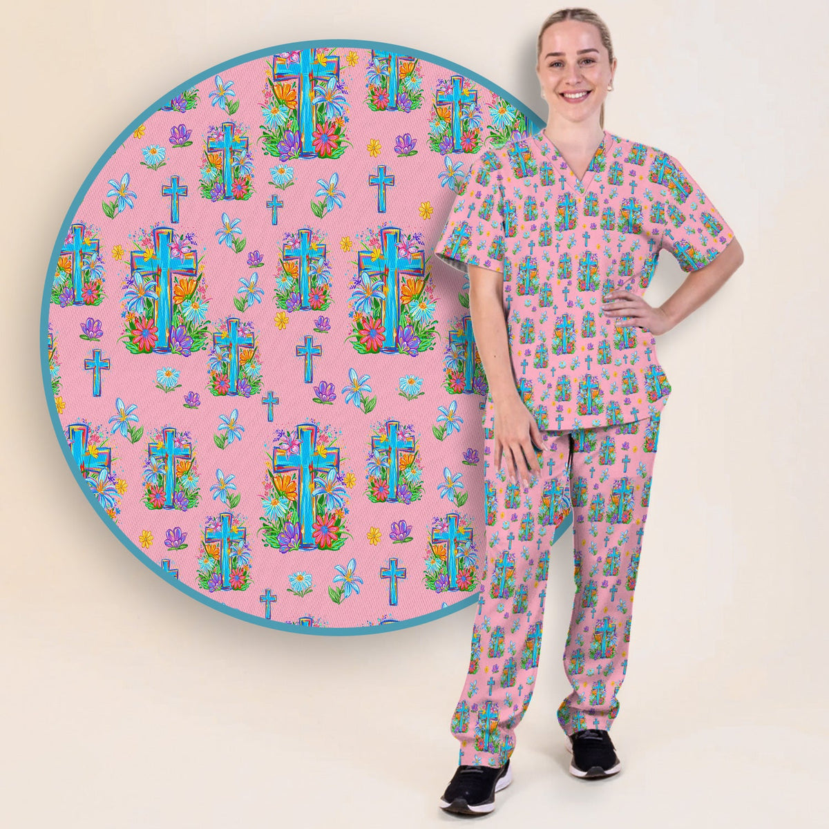Christian Floral Cross Spring Nurse Scrub Set
