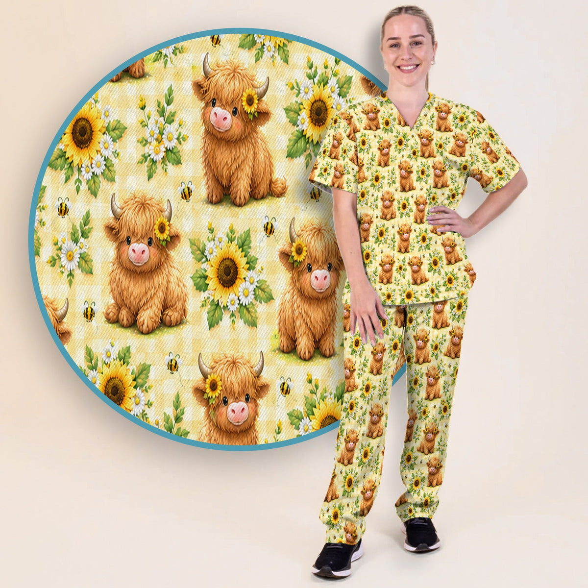 Sunflower Highland Cow Bee Nurse Scrub Set