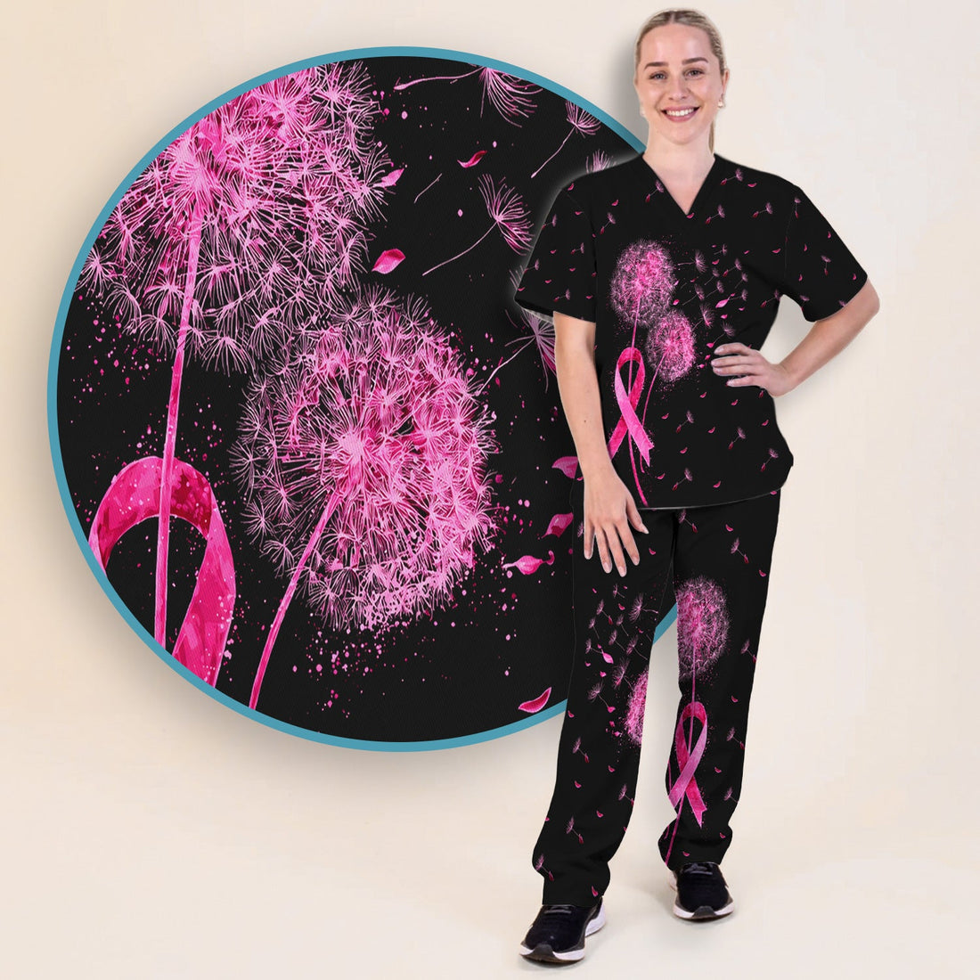 Pink Ribbon Dandelion Breast Cancer Nurse Scrub Set