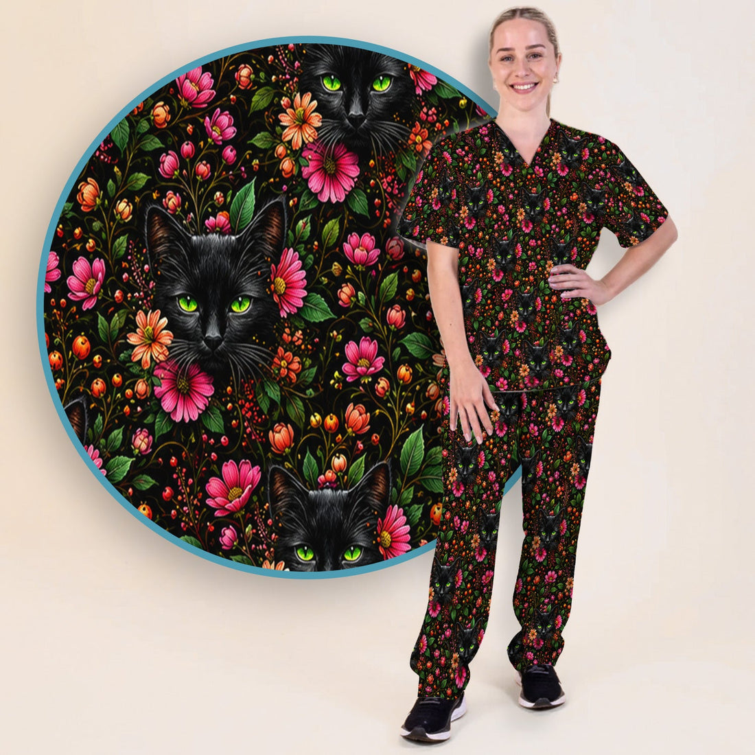 Adorable Black Cat Blossom Nurse Scrub Set