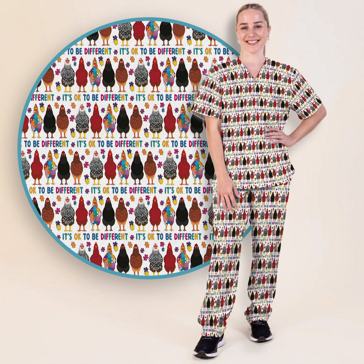Autism Chicken It's OK To Be Different Nurse Scrub Set