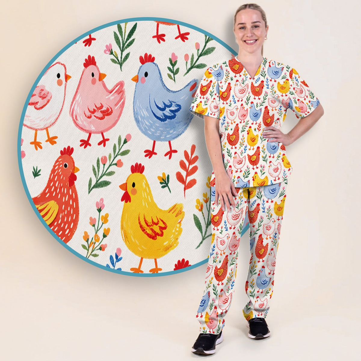Fun Cartoon Hen Nurse Scrub Set