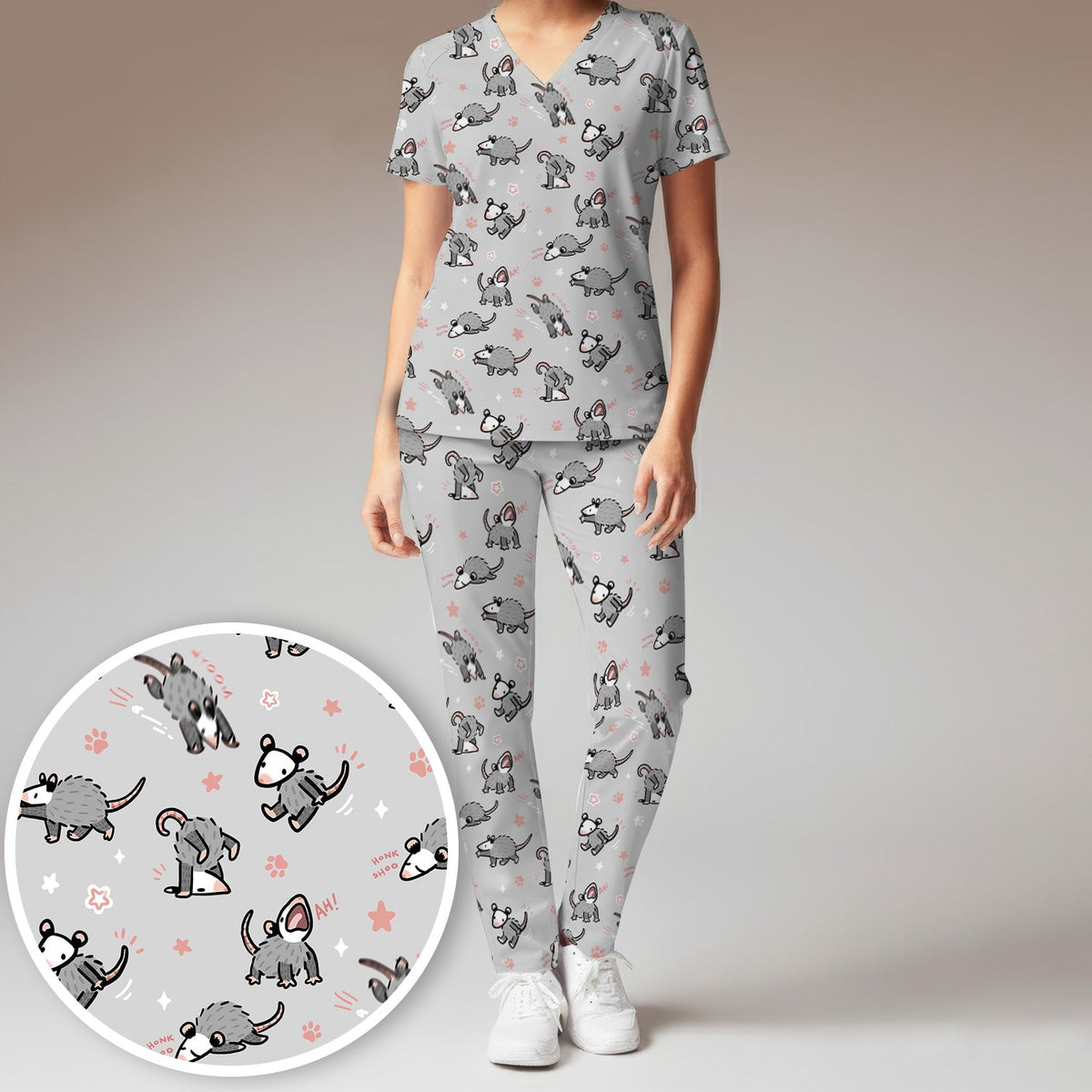 Cartoon Opossum Nurse Scrub Set