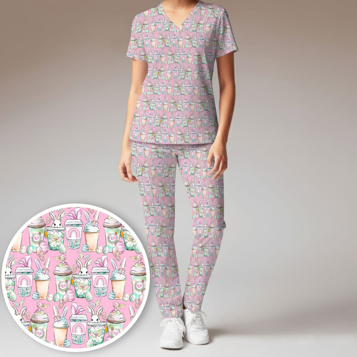 Bunny Coffee Cup Nurse Scrub Set - Easter Gift